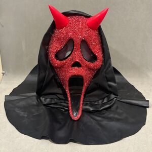 Red Rhinestone‎ Ghostface Mask Devil Horns Scream Costume Hooded Horror Mask